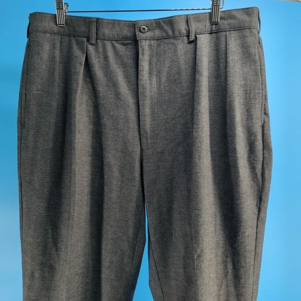 VTG Polo Ralph Lauren Gray Herringbone Pleated Cotton Wool Trousers Mens 38x34